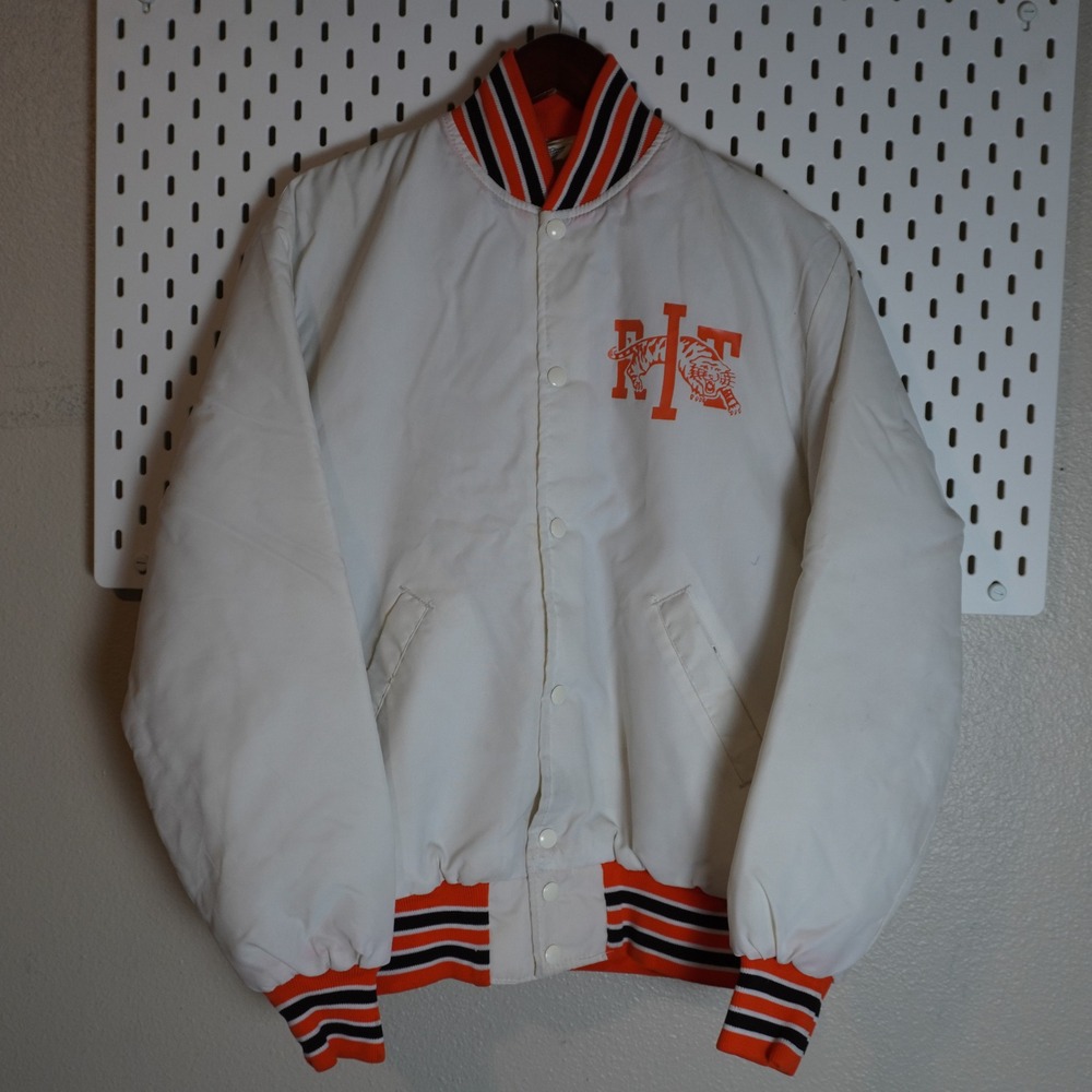 Vintage Gem Sportswear RIT Tigers Cross Country Bomber Jacket White Orange S‎